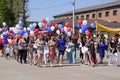 Procession of students of medical college.Celebrating the first of May, the day of spring and work. May Day parade on