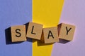 Slay, word in 3d wooden alphabet letters isolated on yellow and purple