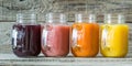 Slection of fresh fruit juices in jars Royalty Free Stock Photo