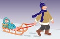 Father with baby on sledge, vector illustration