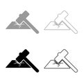 Sledge hammer breaks hard surface with formation of strong cracks icon outline set black grey color vector illustration flat