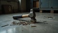 Sledgehammer on concrete floor with scattered nails in workshop. Royalty Free Stock Photo