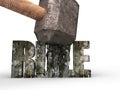 Sledgehammer smashing rule concrete word cracked, 3D rendering