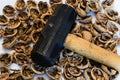 Sledgehammer laying on top of a spread of crushed walnuts Royalty Free Stock Photo