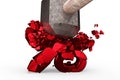 Sledgehammer smashing red percentage sign cracked, 3D rendering
