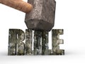 Sledgehammer smashing rule concrete word cracked, 3D rendering