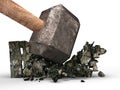 Sledgehammer smashing rule concrete word cracked, 3D rendering