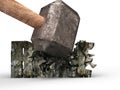 Sledgehammer smashing rule concrete word cracked, 3D rendering