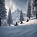 Sledging in the snow. Snow-covered trees, snow-covered mountains. Wooden sledges