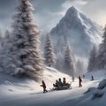 Sledging in the snow. Snow-covered trees, snow-covered mountains. Wooden sledges