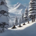 Sledging in the snow. Snow-covered trees, snow-covered mountains. Wooden sledges