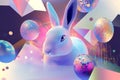 A sleek, abstract Easter Bunny surrounded by geometric patterns and glowing Easter eggs, creating a