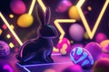 A sleek, abstract Easter Bunny surrounded by geometric patterns and glowing Easter eggs, creating a