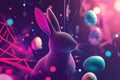 A sleek, abstract Easter Bunny surrounded by geometric patterns and glowing Easter eggs, creating a