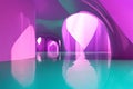 A sleek abstract tunnel illuminated by bright purple and teal neon lights, casting sharp