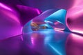 A sleek abstract tunnel illuminated by bright purple and teal neon lights, casting sharp
