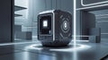 Futuristic secure data cube device glowing in a minimalist high-tech digital environment Royalty Free Stock Photo