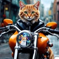 A sleek and agile cat confidently perched on a motorbike, sporting a snug-fitting helmet and a stylish biking jacket. A