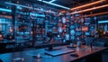 A sleek, AI-driven digital workspace illuminated by glowing floating interfaces displaying machine learning algorithms Royalty Free Stock Photo