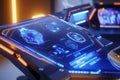 A sleek AI-driven workspace with floating hexagonal digital dashboards displaying futuristic