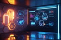 A sleek AI-driven workspace with floating hexagonal digital dashboards displaying futuristic