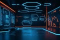 A sleek AI-driven workspace with floating hexagonal digital dashboards displaying futuristic