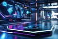 A sleek AI-driven workspace with floating hexagonal digital dashboards displaying futuristic