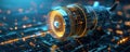 Sleek aircraft engine design with futuristic digital wireframe, showing advanced propulsion technology
