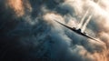 A sleek aircraft soaring through dramatic cloud formations at high altitude Royalty Free Stock Photo