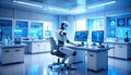 Sleek Android Scientist at a Computer in a Blue-Lit Futuristic Laboratory Royalty Free Stock Photo