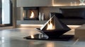 The sleek and angular design of the fireplace is enhanced by its rotating feature making it a statement piece in any