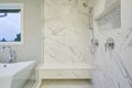 Sleek bathroom features marble walk-in shower Royalty Free Stock Photo