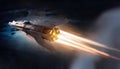 Firefly battleship ready for combat with bright lasers and distant explosions in a dramatic space environment Royalty Free Stock Photo