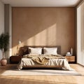 Sleek Beige Brown Wall in a Modern Luxury Bedroom Bathed in Sunlight. Generative AI Royalty Free Stock Photo