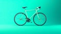 a sleek bicycle positioned against a solid, vibrant teal background, with perfect color.