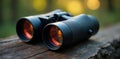Sleek black binoculars, textured grip, large lenses , dark, device, view Royalty Free Stock Photo