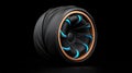 A sleek black and blue tire design on a solid black background Royalty Free Stock Photo