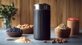a sleek black protein shaker surrounded by healthy ingredients like blueberries, walnuts, oats, and protein powder on a wooden sur Royalty Free Stock Photo