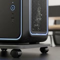 Black desktop computer case with rounded edges featuring illuminated blue Royalty Free Stock Photo