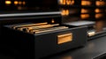 Sleek black drawer open with golden files in modern office interior Royalty Free Stock Photo