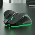 Computer mouse with glowing green LED accents sits on a dark Royalty Free Stock Photo