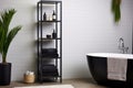 a sleek, black freestanding linen tower