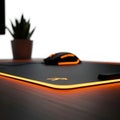 A sleek black gaming mousepad with a wireless mouse and a potted plant in the background Royalty Free Stock Photo