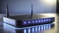 Sleek Black Internet Modem with Blue Power Indicator HighSpeed Wireless Router for Home or Office Networks