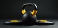 Sleek black kettlebell, yellow accents; arranged with weight plates , gym weights, shape