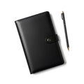 Black Leather Notebook and Pen on White Background Royalty Free Stock Photo