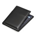 A sleek black leather wallet with a smooth texture, featuring sharp, clean stitching.