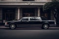 A sleek black limousine parked in front of a luxury hotel, ready to whisk away VIP guests.