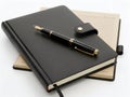 A sleek black notebook with a pen and a small leather-bound book on a wooden surface Royalty Free Stock Photo