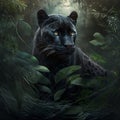 Sleek black panther in dark dramatic jungle (generative AI)